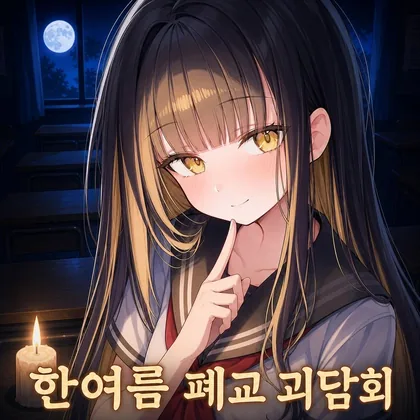 한여름 폐교 괴담회 표지. 촛불 앞에서 입에 손가락을 댄 초롱