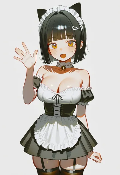 고양이 귀 머리띠를 하고 손을 든 메이드 미유
