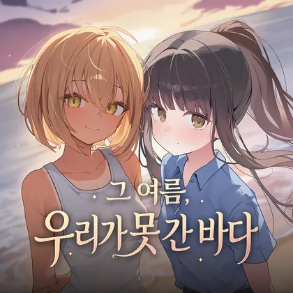 그 여름, 우리가 못 간 바다 표지. 노을 진 바다 앞의 하율과 정연